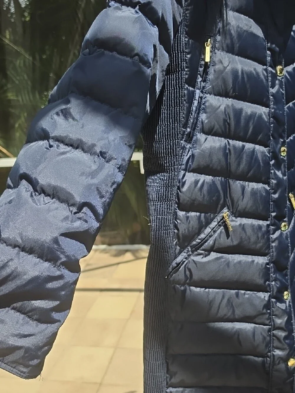 Michael Kors Navy Quilted Long Puffer Coat with Faux Fur Hood Trim